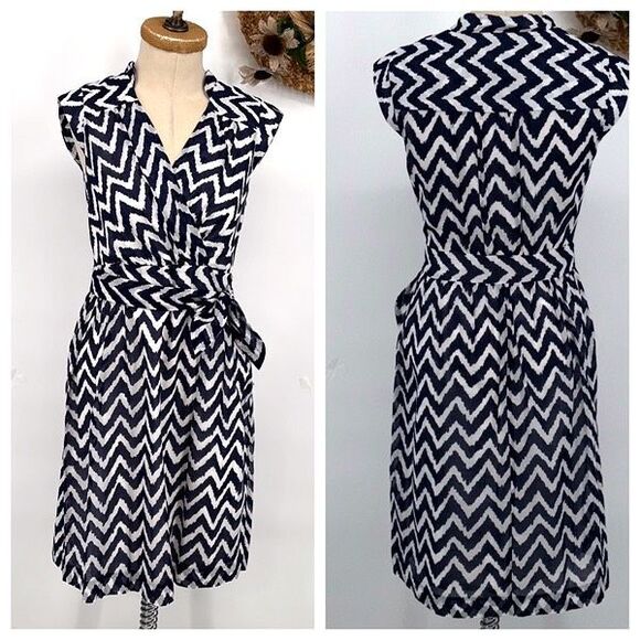 Bergdorf Goodman Milly Wrap MIDI Dress Cotton‎ Cap Sleeve Navy White 6 - Picture 1 of 15